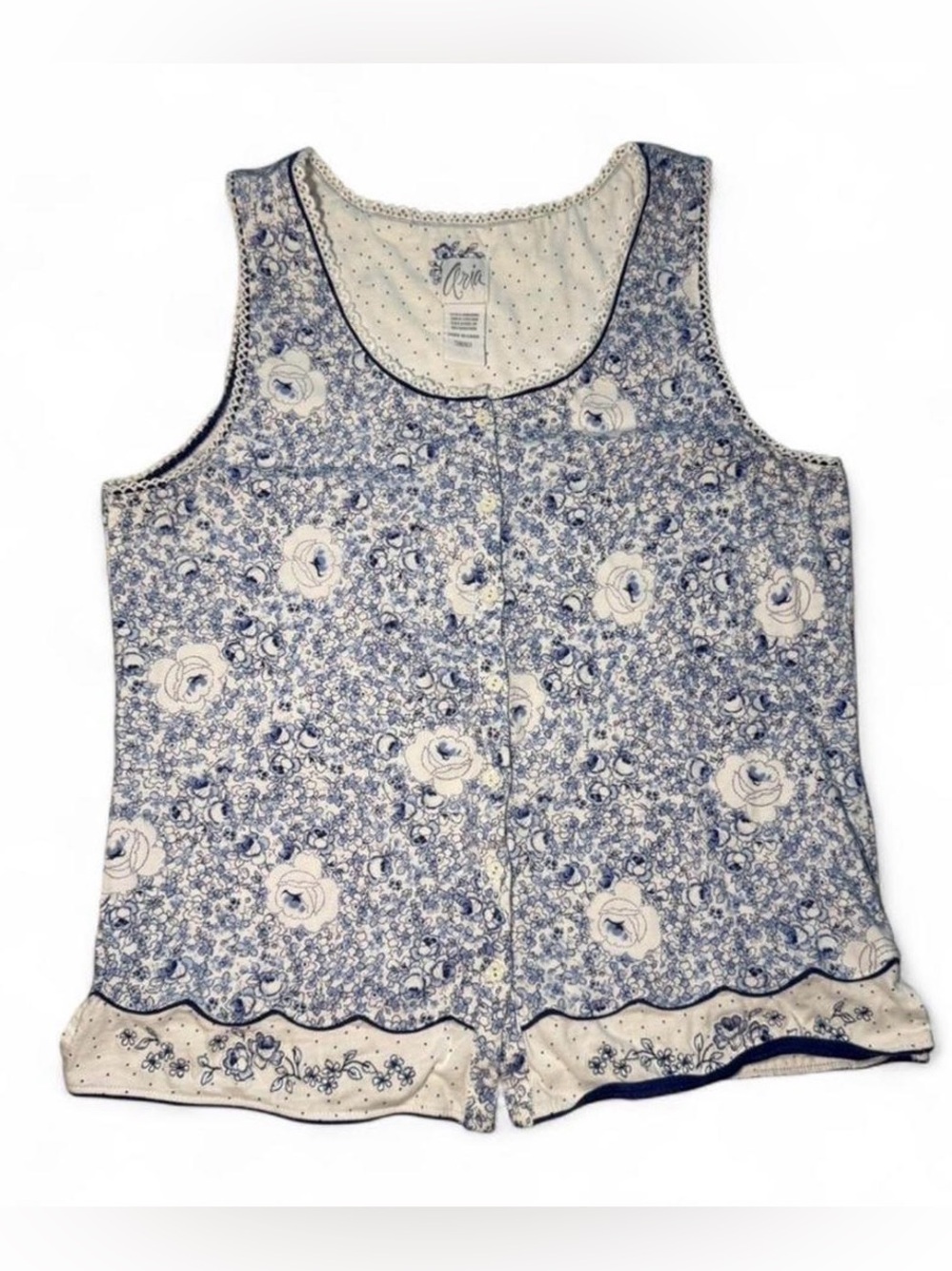 Whimsy Cottagecore grandma core Aria blue and white floral tank top with lace🪩
